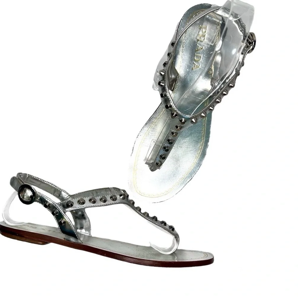 Prada silver metallic Calzature Donna capri studded T strap sandals - Picture 4 of 15